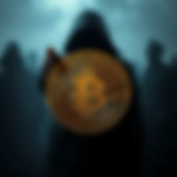A Bitcoin symbol in front of a shadowy figure representing authoritarian regimes, illustrating the conflict between cryptocurrency and dictatorship.