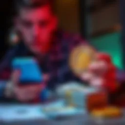 A person contemplating the use of Bitcoin for banking while looking at a smartphone displaying a Bitcoin wallet app and a stack of cash on a table.