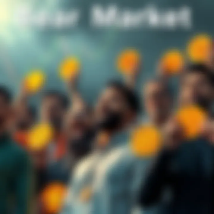 A group of diverse people showing determination while holding Bitcoin symbols, with a gloomy market backdrop