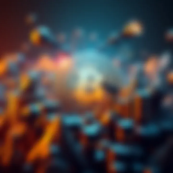 A graphic representation of Bitcoin surrounded by elements symbolizing economic forces and investor behavior, depicting its rise as a bubble.