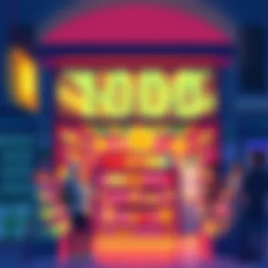 A small store display featuring Bitcoin Cash lottery tickets for sale, with vibrant graphics and excited customers