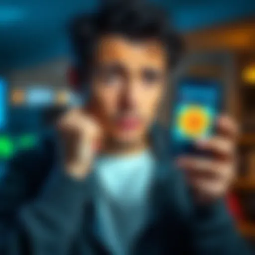 A worried individual holding a smartphone displaying a Bitcoin wallet, looking troubled over potential cryptocurrency losses.