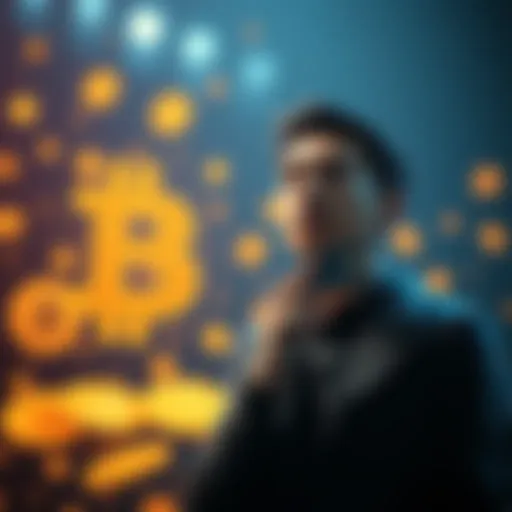 Person contemplating buying Bitcoin with a credit card, with Bitcoin symbols in the background