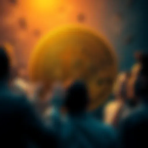 A visual representation of a Bitcoin coin surrounded by people discussing its future, some with optimistic expressions and others looking concerned.