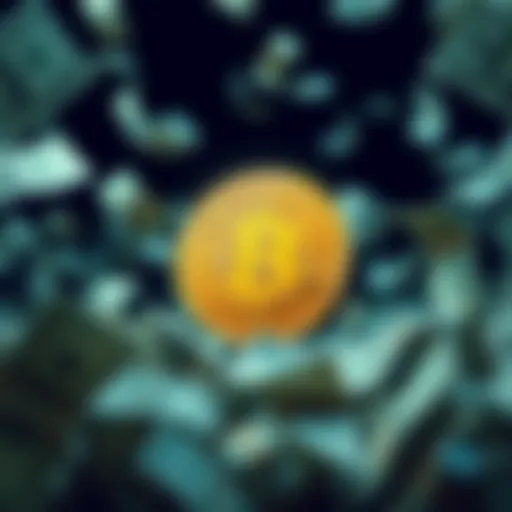 A Bitcoin symbol in focus with a backdrop of falling paper currency, representing financial distress.