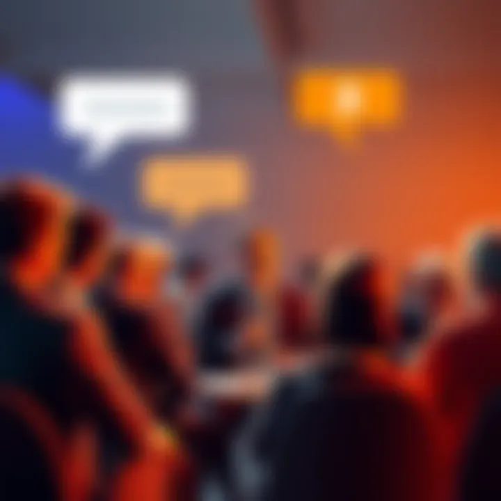 A group of people discussing Bitcoin in a forum setting, with chat bubbles indicating conversation about cryptocurrency.