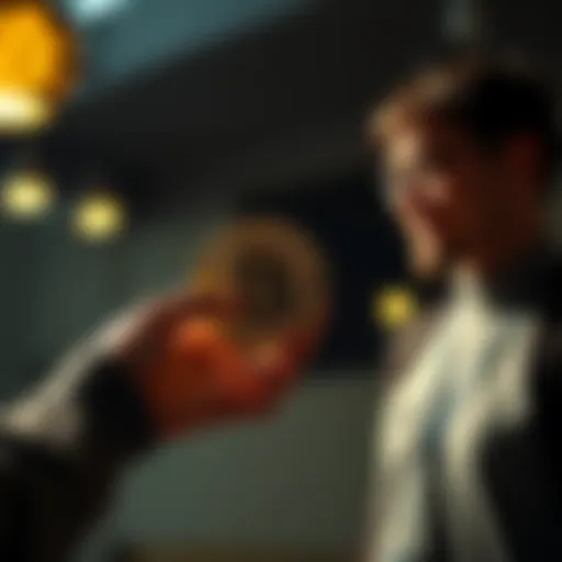 A Bitcoin enthusiast handing over a BTC symbol to a grateful stranger, symbolizing kindness and community support in cryptocurrency.