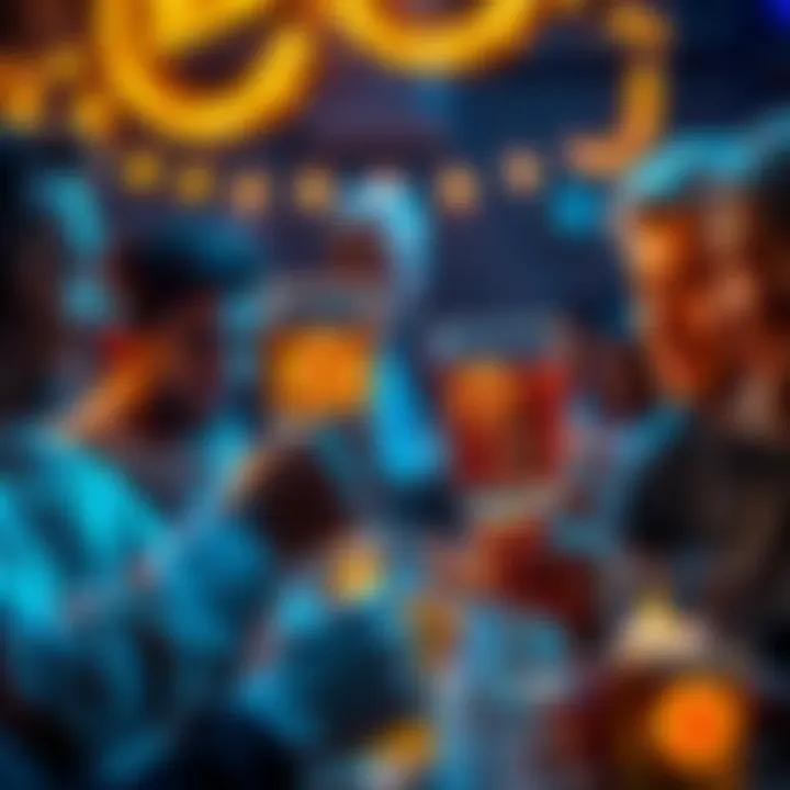 Group of friends raising glasses with Bitcoin logos, celebrating cryptocurrency culture and investment