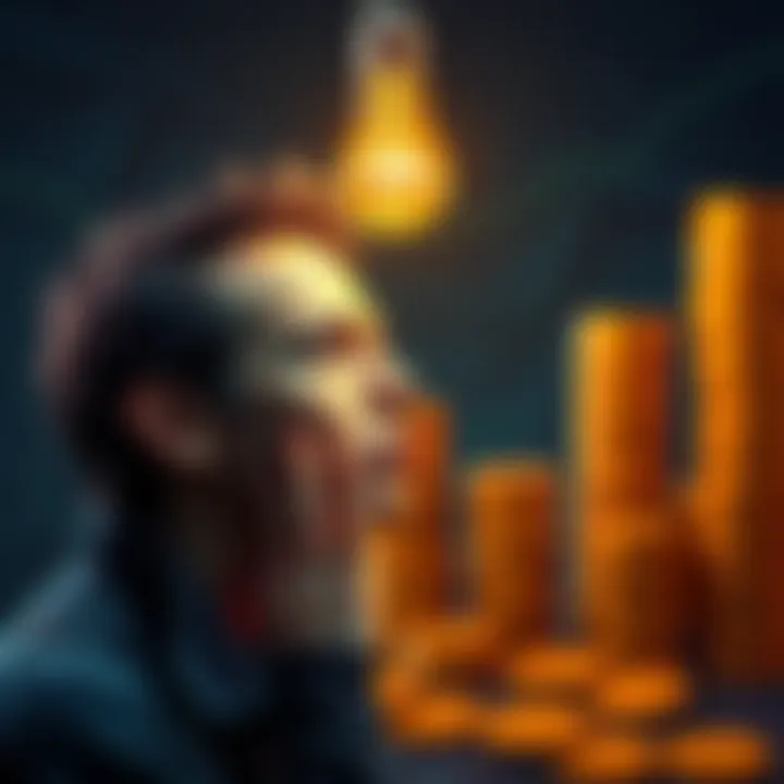 A person contemplating cryptocurrency's energy usage with a light bulb above their head and stacks of coins in the background.