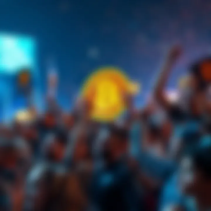 A group of enthusiastic Bitcoin supporters gathered, holding signs and cheering about Satoshis in 2025.
