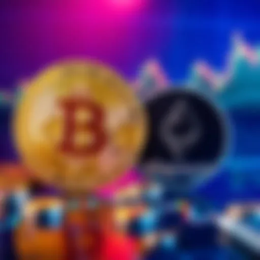 A Bitcoin and Ethereum coin side by side with a chart showing growth and investment potential