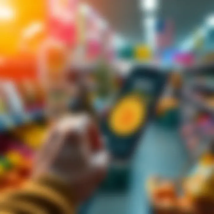 Bitcoin in Everyday Life A person buying groceries with Bitcoin on a smartphone, showing a digital wallet app in a grocery store setting.