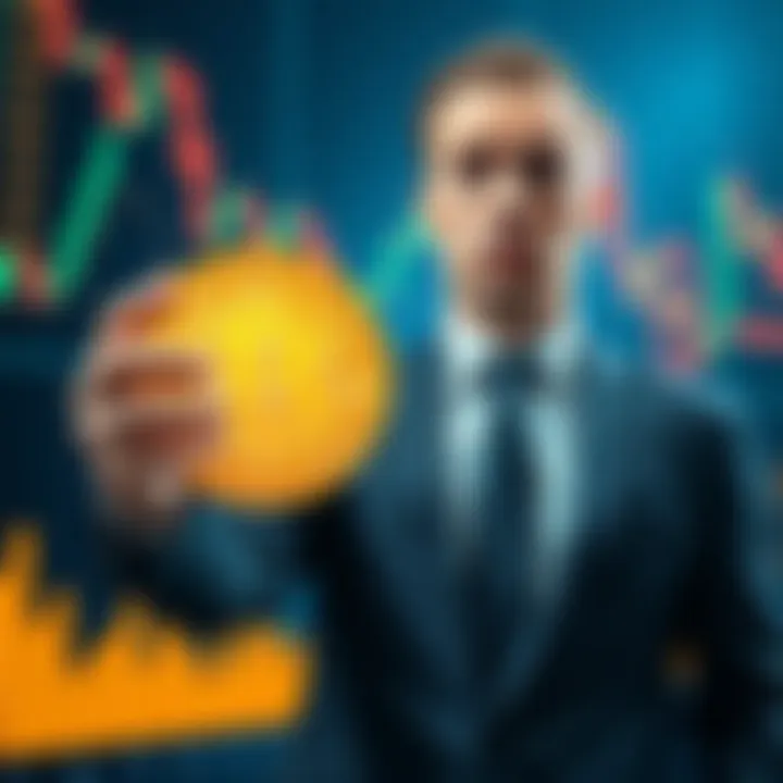A businessman looking confused while holding a Bitcoin symbol with financial graphs in the background
