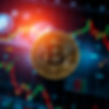 A Bitcoin symbol surrounded by financial charts and growth indicators representing rising value and decentralized finance.
