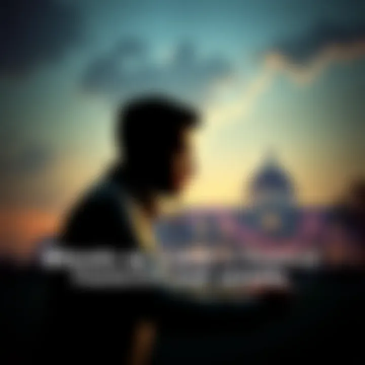 A person looking at a chart showing Bitcoin growth while thinking about financial freedom, with a house silhouette in the background