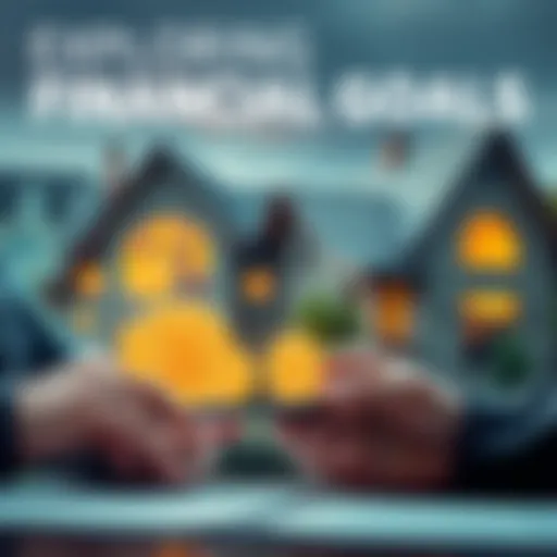 A person calculating financial goals with Bitcoin symbols and a house in the background.