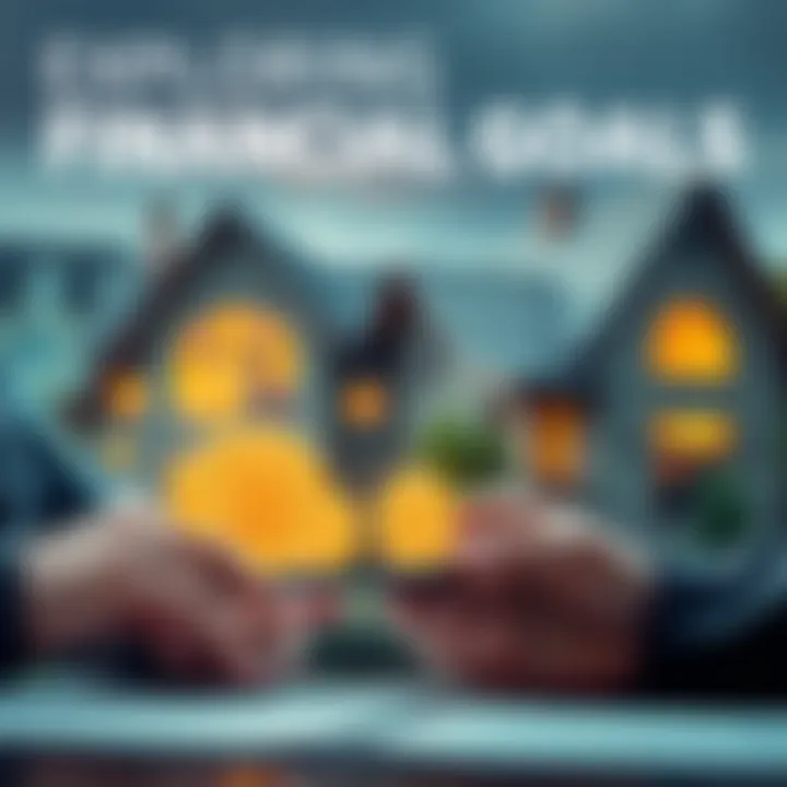 A person calculating financial goals with Bitcoin symbols and a house in the background.