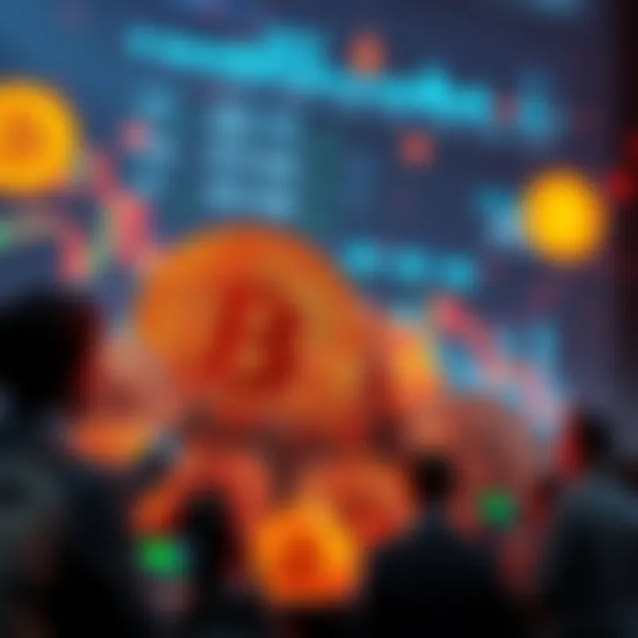 A dramatic drop in Bitcoin value showcased with a chart showing a steep decline, surrounded by trading symbols and worried investors