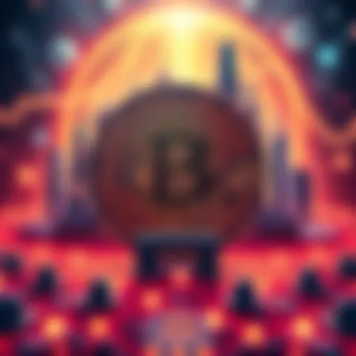 A visual representation of Bitcoin with central elements like government buildings and company logos, showing concerns about centralization in cryptocurrency.