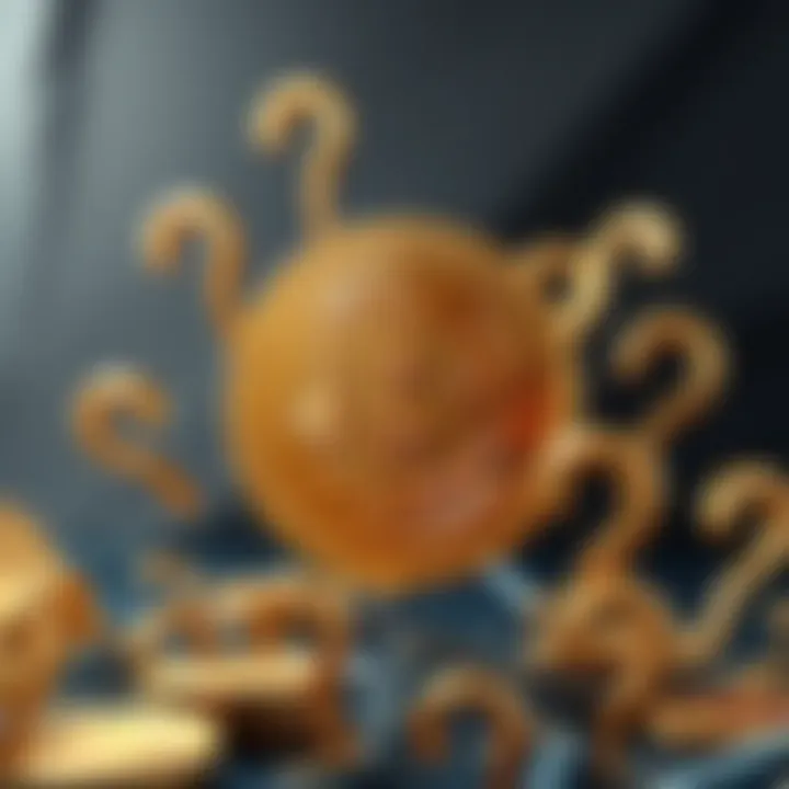 A large Bitcoin symbol surrounded by question marks, symbolizing uncertainty about Bitcoin's future