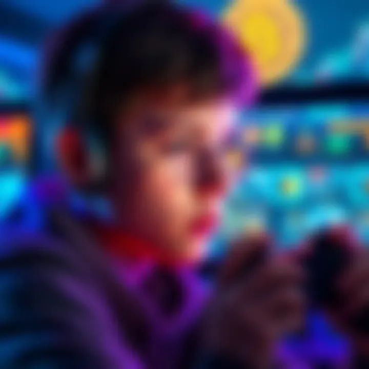 A young gamer looking at a screen displaying Bitcoin symbols and game graphics, representing the clash between traditional payment methods and cryptocurrency for online game purchases.