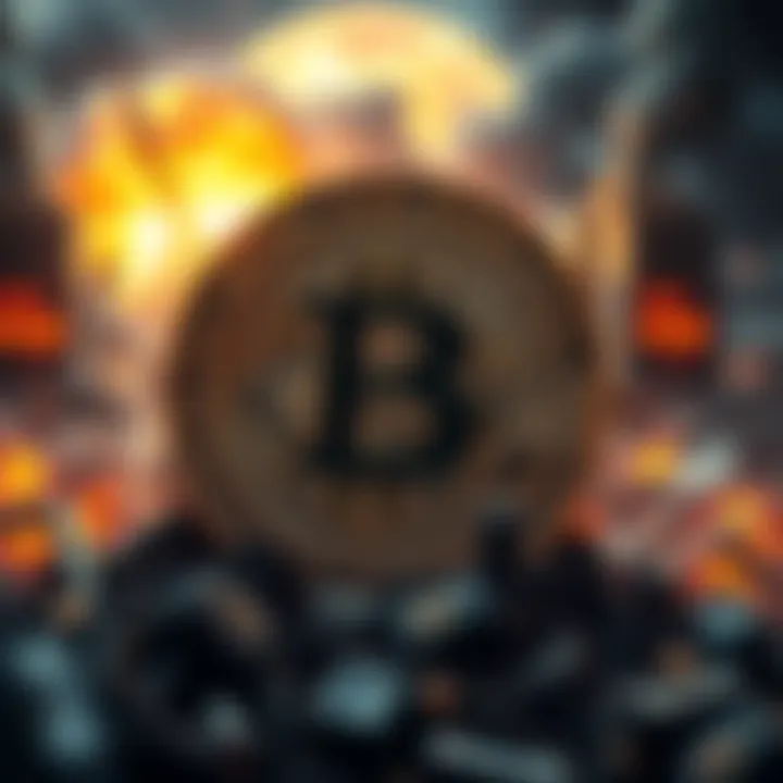 Bitcoin symbol with a background showing chaos and destruction representing global conflict