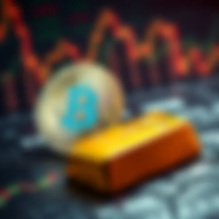 A visual representation of Bitcoin and gold side by side, showing Bitcoin's digital symbol and gold bars, highlighting their market similarities.