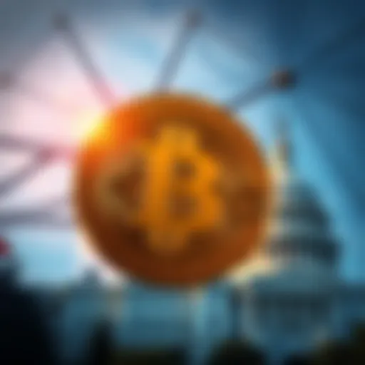A visual showing the Bitcoin symbol with government buildings in the background, representing the conflict between cryptocurrency and regulation.