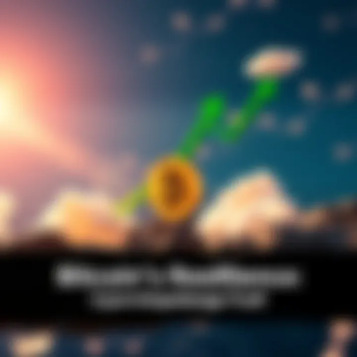 Bitcoin growth illustration A rising Bitcoin symbol with green arrows indicating market growth, surrounded by cloud icons representing FUD being dismissed.