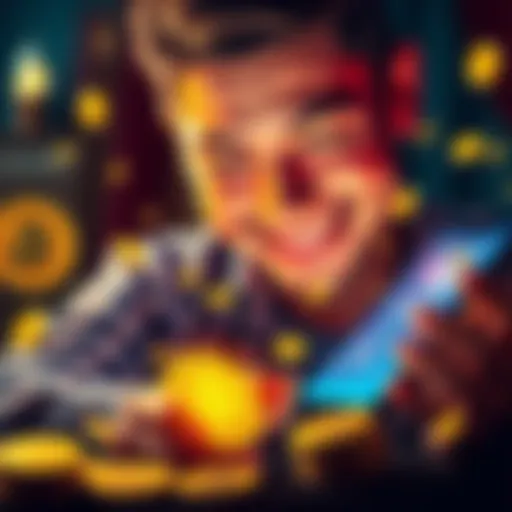 A person smiling while looking at a Bitcoin chart on a smartphone, surrounded by coins and financial symbols, reflecting a positive investment experience.