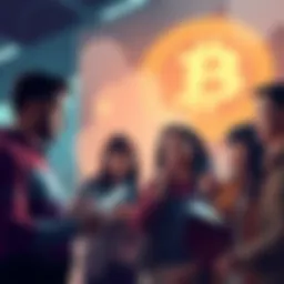 A group of people discussing Bitcoin investments while holding digital wallets, representing the shift to a post-fiat economy.
