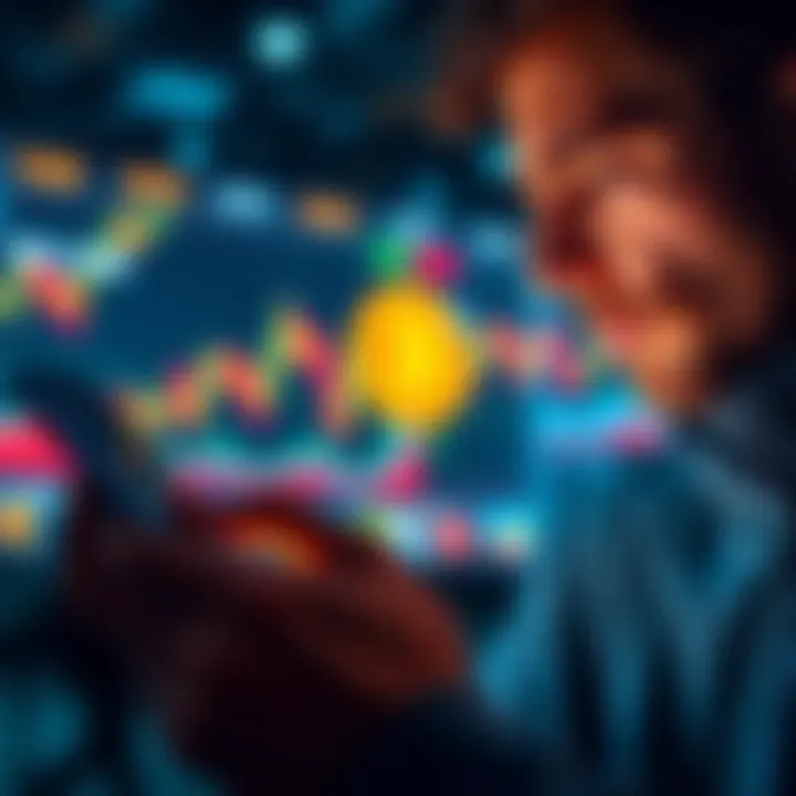 A person analyzing Bitcoin market charts on a smartphone, showing concern and contemplation about selling during a dip.