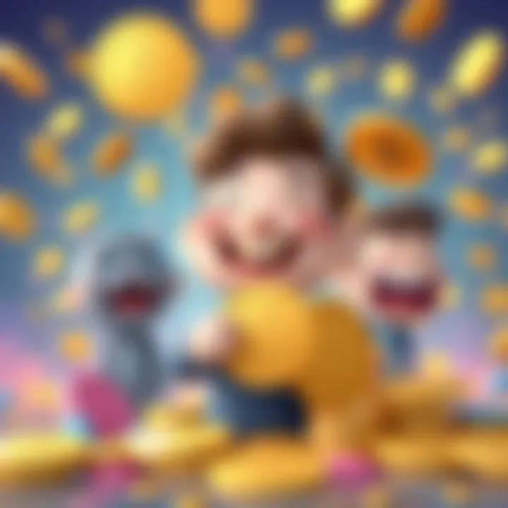 A cartoonish character laughing while holding a Bitcoin, surrounded by colorful coins and lighthearted expressions, reflecting the fun side of cryptocurrency.