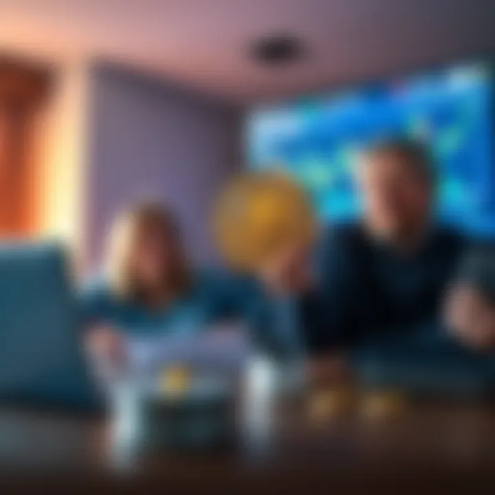 A family discussing Bitcoin assets with a digital wallet in the foreground and a laptop showing Bitcoin charts in the background.