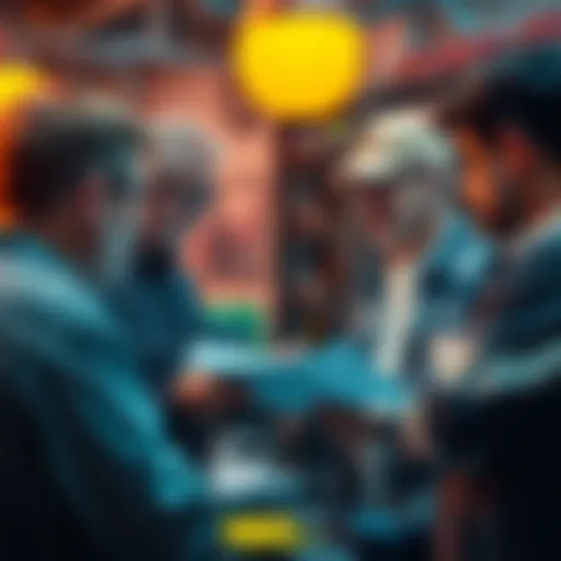 A group of seasoned Bitcoin users sharing knowledge, with charts and mining equipment in the background.