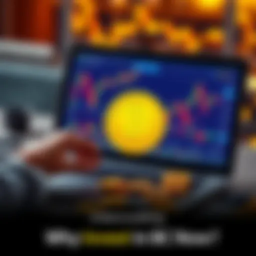 A person analyzing Bitcoin charts on a laptop with coins nearby, symbolizing investment decisions.