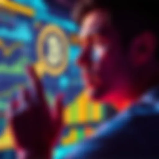 A person contemplating investment options, looking at Bitcoin graphics and other assets on a digital screen, with a thoughtful expression.