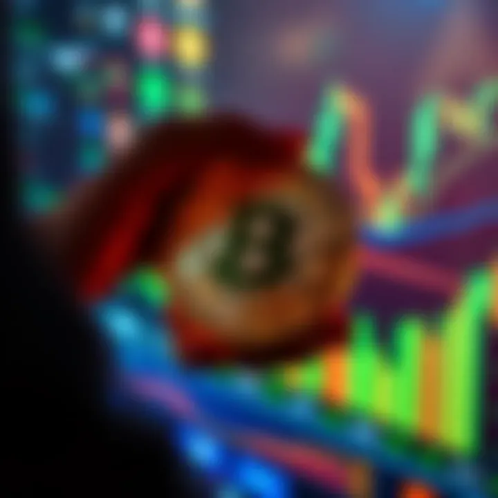 A person holding a physical Bitcoin in one hand while looking at a financial chart on a digital screen with various crypto assets visibly displayed.