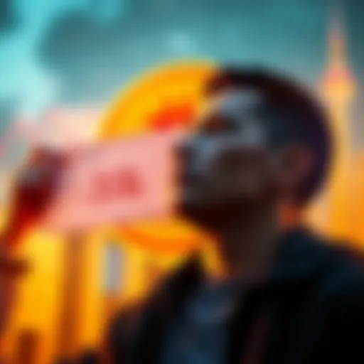 A person contemplating investment with a 10k check and Bitcoin symbol in background