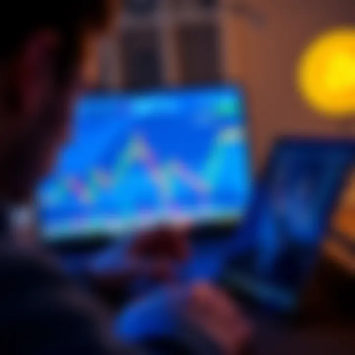 A person looking thoughtfully at a graph showing Bitcoin prices, with a laptop open displaying a cryptocurrency trading platform.