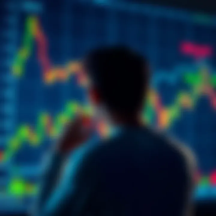 A person contemplating whether to invest in Bitcoin, looking at a chart with rising and falling prices.