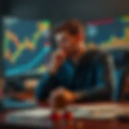 A person contemplating Bitcoin investment at a desk with charts and graphs showing market trends, symbolizing confidence in future growth.