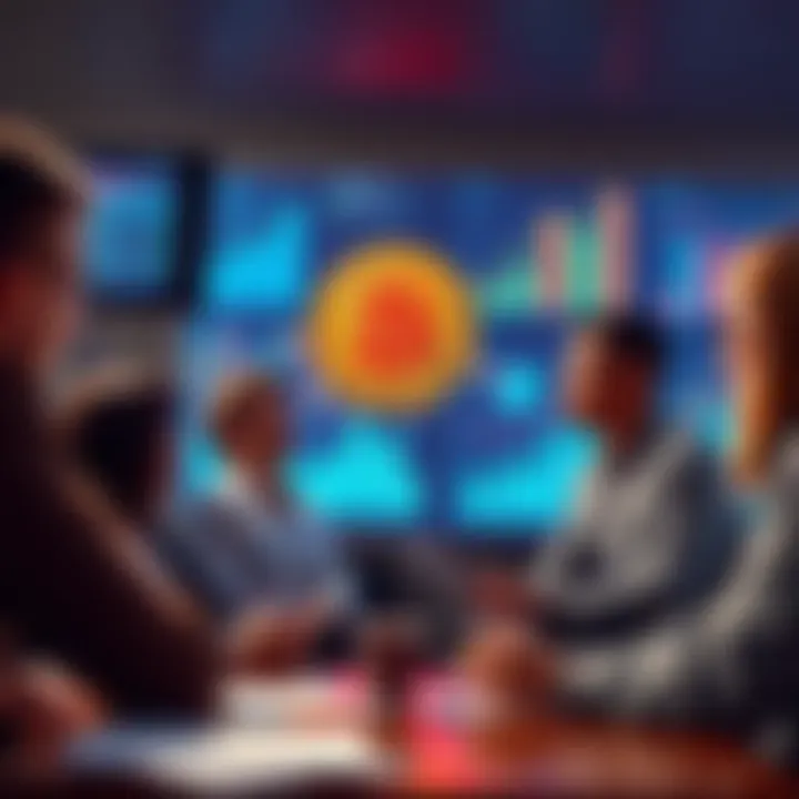 A group of people discussing Bitcoin investment strategies with graphs and charts in the background.