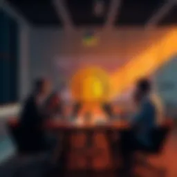 A group of people discussing Bitcoin investment strategies around a table with charts and laptops