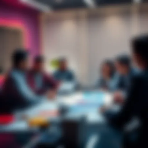 A group of people engaging in a conversation about Bitcoin and cryptocurrencies, with charts and graphs on a table to illustrate investment trends.