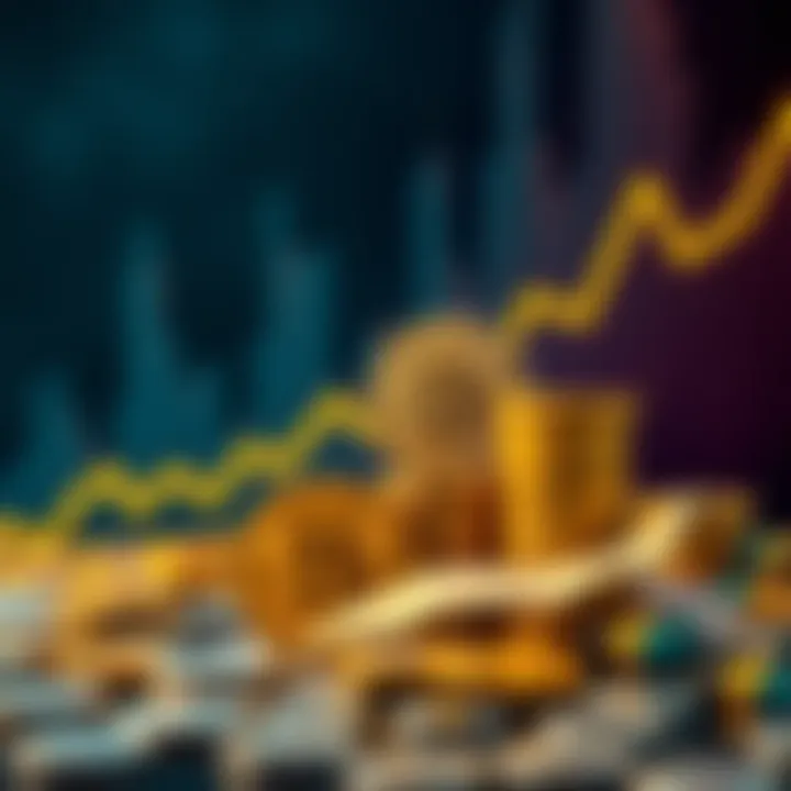 A visual showing the rise of Bitcoin from a low price to a high value, including a graph with an upward trend and coins stacked to represent wealth.