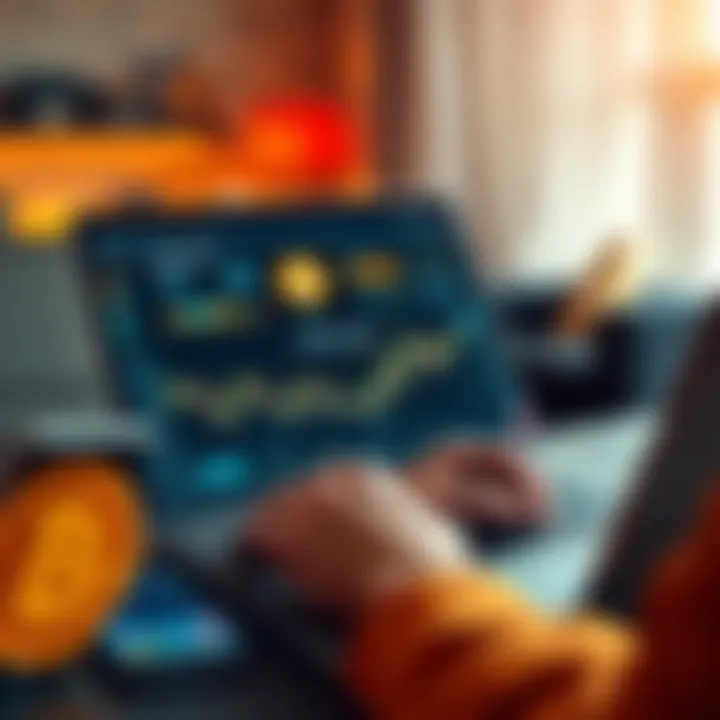 A person analyzing Bitcoin investment options on a laptop with a smartphone nearby and a Bitcoin logo displayed.
