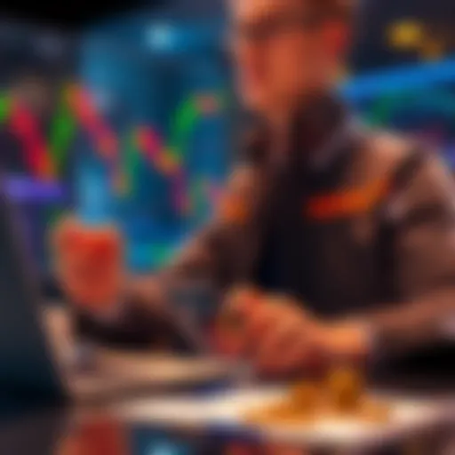 A person analyzing Bitcoin charts with a calculator and a laptop, contemplating a 401k loan for investment