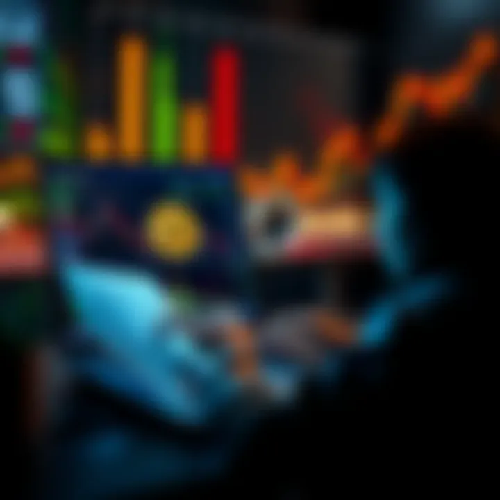 A person reading articles about Bitcoin on a laptop with graphs and charts displayed on the screen.