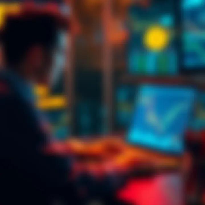 A person contemplating their Bitcoin investment strategy with a laptop and stock market charts visible on the screen